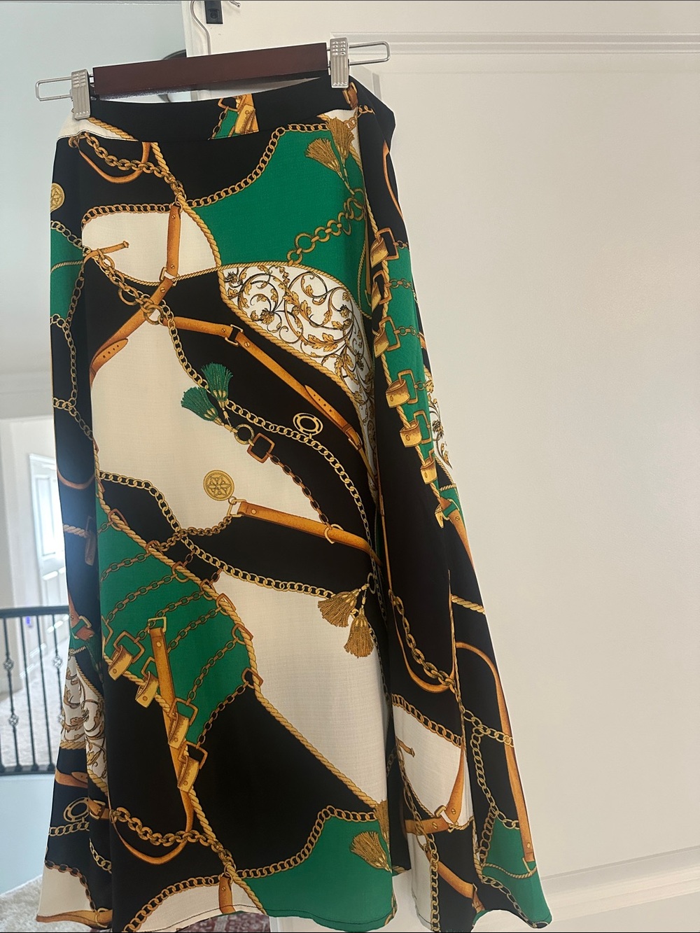 Black and Green Chain-Print A-Line Midi Skirt